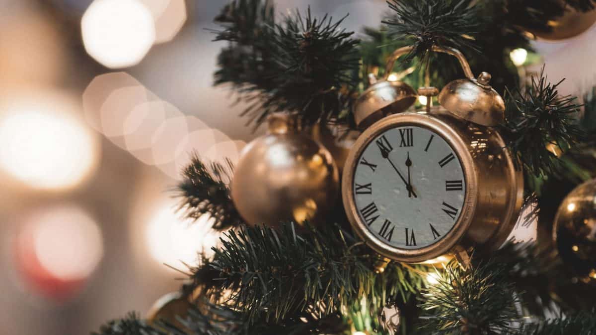analog clock on a christmas tree
